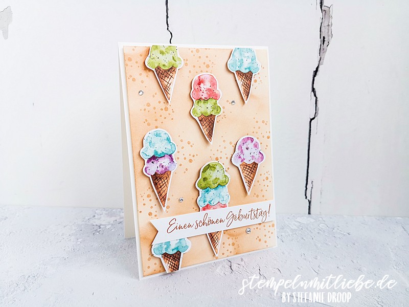 Geburtstagskarte mit DSP Eisdiele - Stampin' Up! - Stempeln mit Liebe - Designerpapier Eisdiele - Zimtbraun - Geburtstagskarte