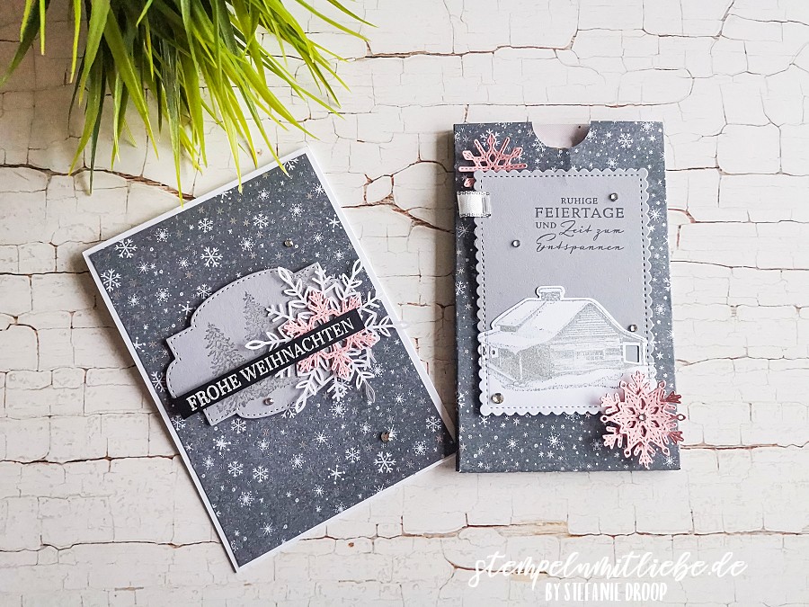 Karte und Verpackung mit Geruhsame Tage - Stempelset Momente der Ruhe - Designerpapier Geruhsame Tage - Kirschblüte - Weihnachtskarte