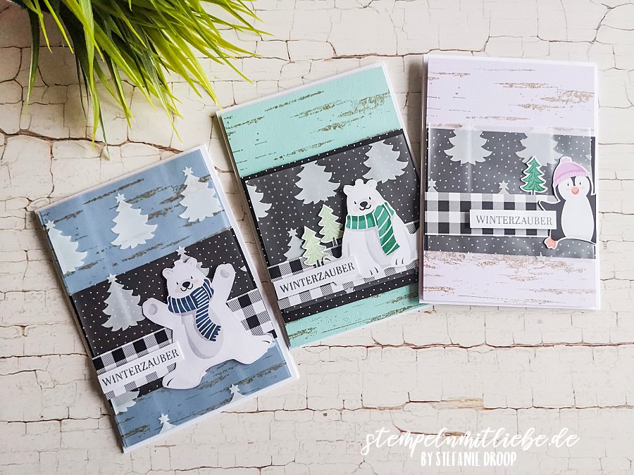 Winterkarten mit den Tüten zum Fest - Stampin' Up! - Stempelset Birch - Designerpapier Pinguin & Co - Tüten zum Fest - Designerpapier Mustermix